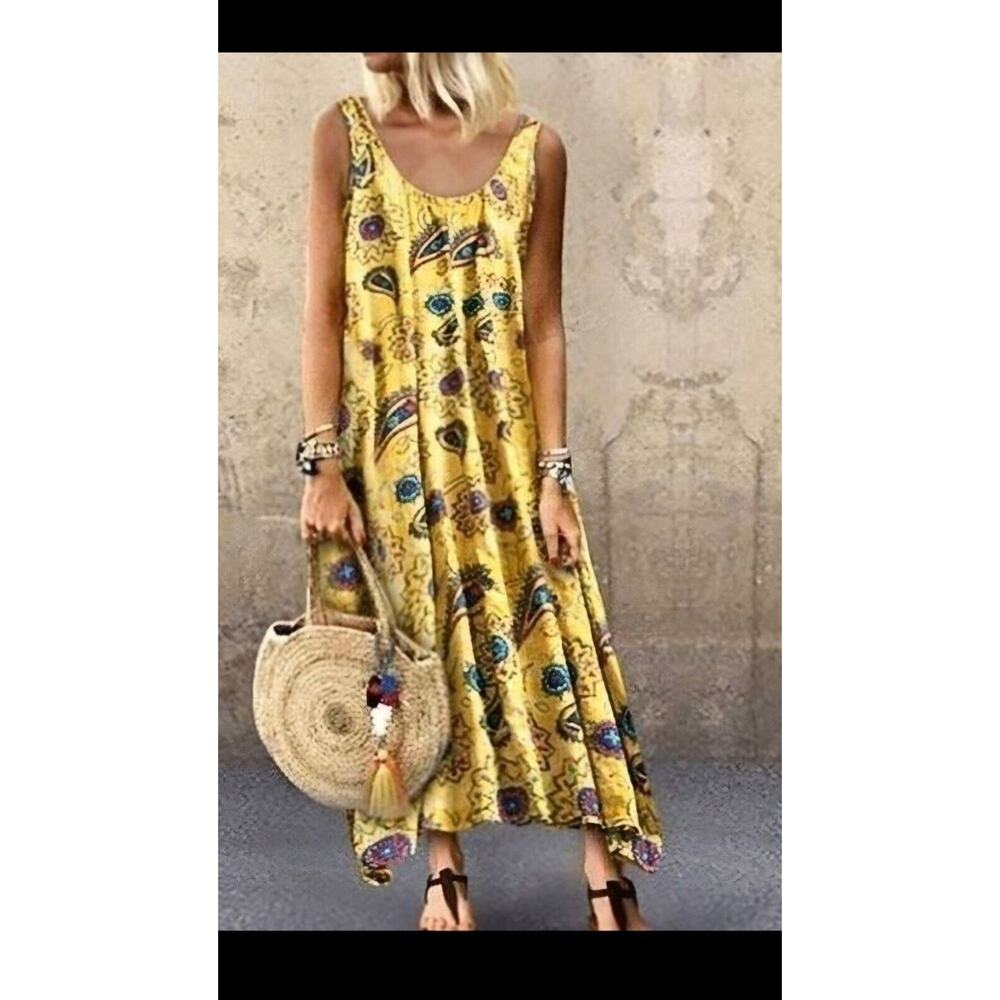 Women's Sleeveless Yellow Jewel Toned Boho Trapeze Flowy Dress‎ Small